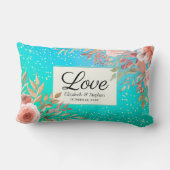 ウェディングシャワーエレガントピンクフローラティール(緑がかった色)金ゴールドドット ランバークッション (裏面)