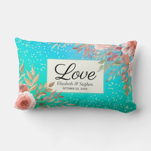 ウェディングシャワーエレガントピンクフローラティール(緑がかった色)金ゴールドドット ランバークッション (裏面)