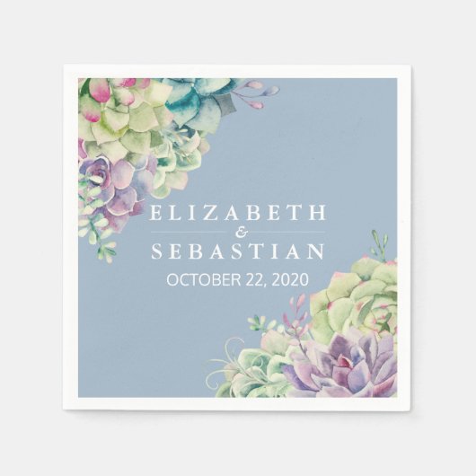 ウェディングシャワーエレガント水色多肉植物 スタンダードカクテルナプキン (正面)