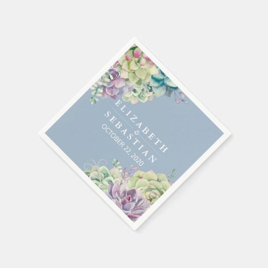 ウェディングシャワーエレガント水色多肉植物 スタンダードカクテルナプキン (角)