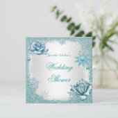 ウェディングシャワーグリッターティール(緑がかった色)ブルーホワイトローズ 招待状 (スタンド正面)