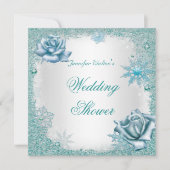 ウェディングシャワーグリッターティール(緑がかった色)ブルーホワイトローズ 招待状 (正面)