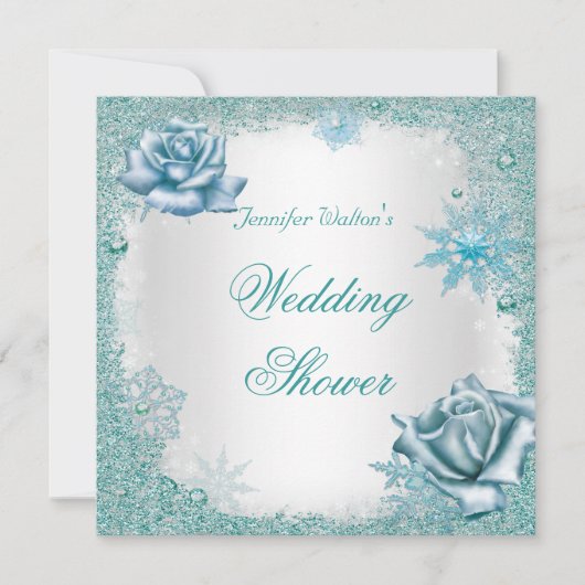 ウェディングシャワーグリッターティール（緑がかった色）ブルーホワイトローズ 招待状 (正面)