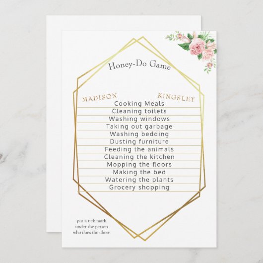 ウェディングシャワーゲームビューティフルピンクエレガントフローラ 招待状 (正面/裏面)