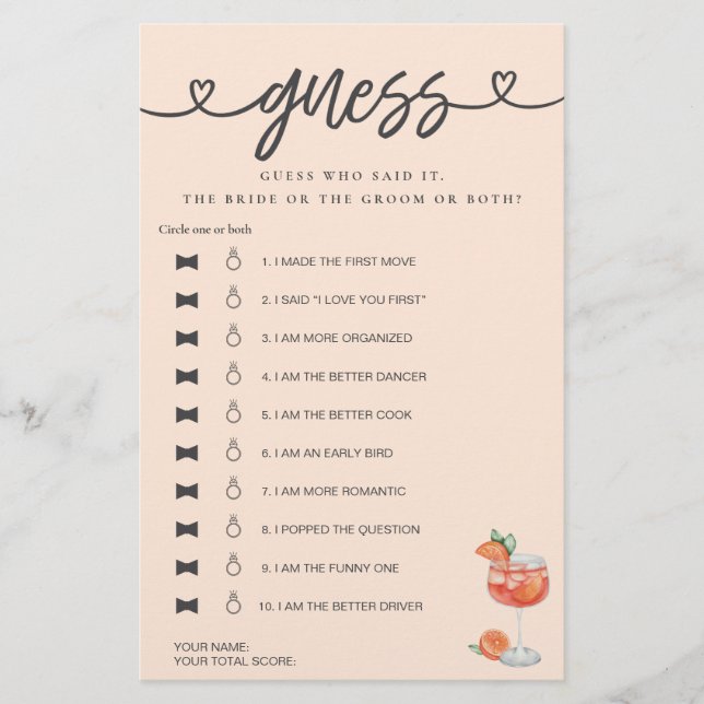 ウェディングシャワーゲーム 彼は言った 彼女は言った 猜測 アペロール (正面)