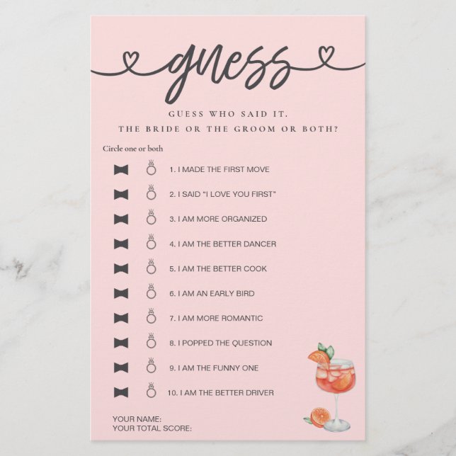 ウェディングシャワーゲーム 彼は言った 彼女は言った 猜測 アペロール (正面)