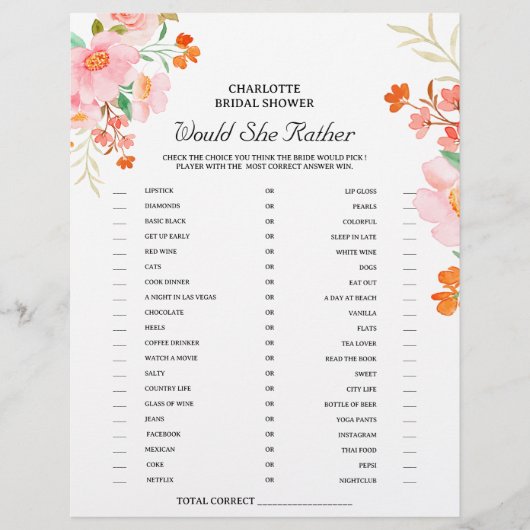 ウェディングシャワーゲーム 花束 「彼女ならどちらを選ぶ?」 チラシ (正面)