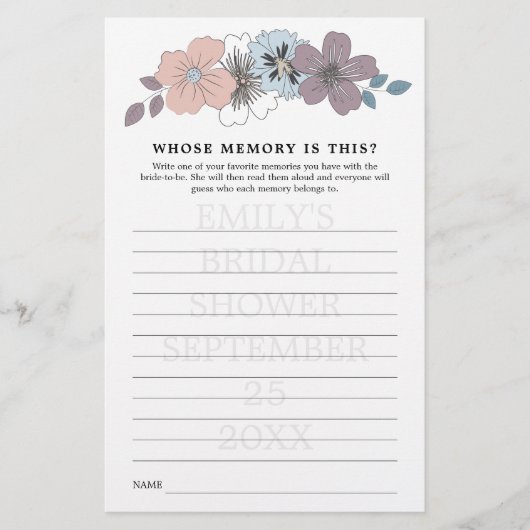 ウェディングシャワーゲーム 誰の記憶 青 ピンクの花 (正面)