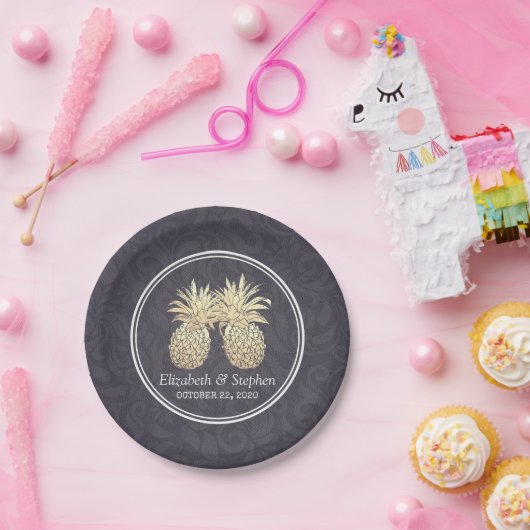 ウェディングシャワーゴールデンパイナップルカップル海軍ブルー ペーパープレート (パーティー)