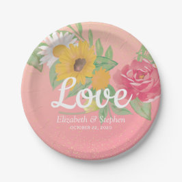 ウェディングシャワーシックバラフラワーズピンク金ゴールドグリッター ペーパープレート