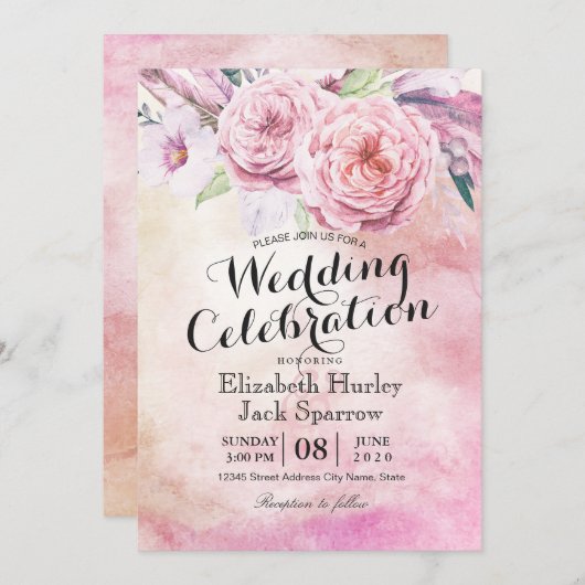 ウェディングシャワーチックウォーターカラーボホフローラフェザー 招待状 (正面/裏面)