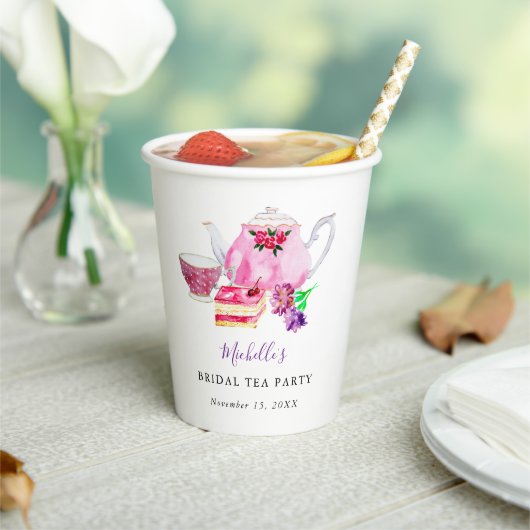 ウェディングシャワーティーパーティーパープルポット 水彩 紙コップ (インサイチュ)
