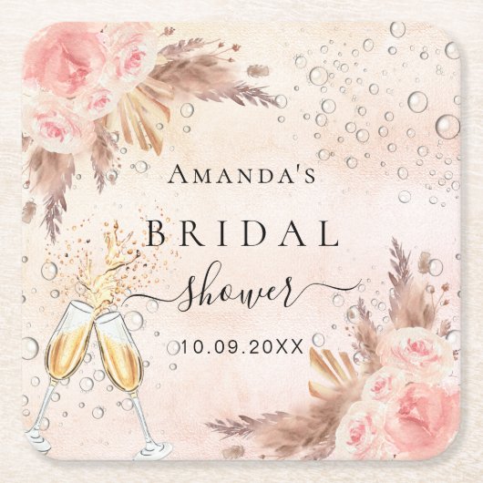 ウェディングシャワーパンパス ローズゴールド バブル スクエアペーパーコースター (正面)