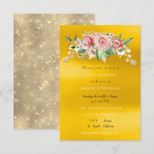 ウェディングシャワーパーティー ピンク ペイント フラワー 水彩画 招待状 (正面/裏面)