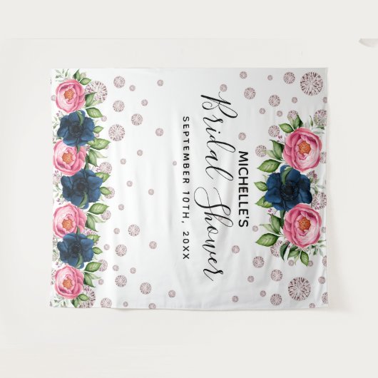 ウェディングシャワーブルーピンクの花飾り白いダイヤモンド タペストリー (正面(横))