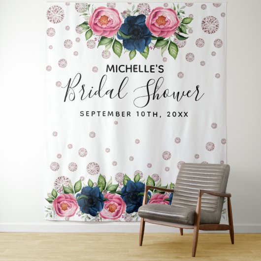 ウェディングシャワーブルーピンクの花飾り白いダイヤモンド タペストリー (インサイチュ)