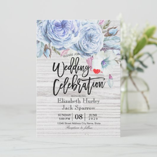 ウェディングシャワーボヘミアンフローラフェザー素朴ウッド 招待状 (スタンド正面)