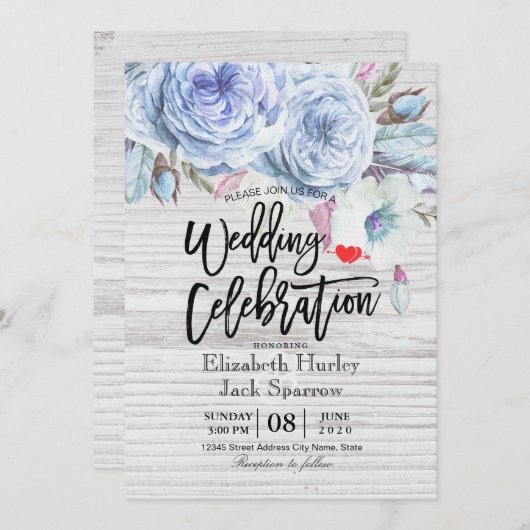 ウェディングシャワーボヘミアンフローラフェザー素朴ウッド 招待状 (正面/裏面)