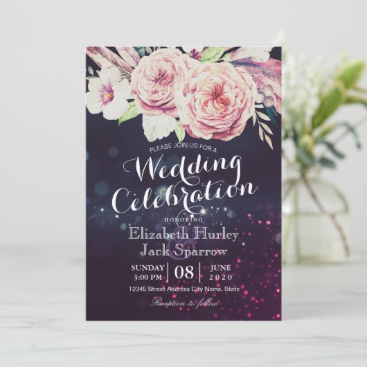 ウェディングシャワーボホフローラフェザー&パープルライト 招待状 (スタンド正面)