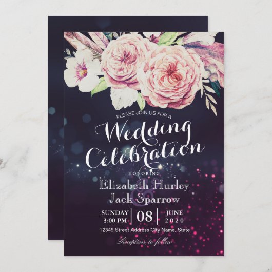 ウェディングシャワーボホフローラフェザー&パープルライト 招待状 (正面/裏面)