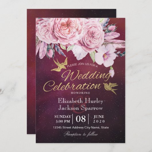 ウェディングシャワーボホフローラ羽毛ブルゴーニュレッド 招待状 (正面/裏面)