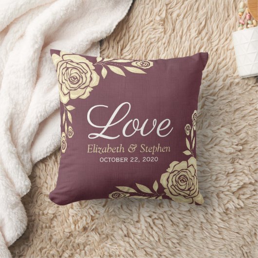 ウェディングシャワーモダンゴールデンバラブルガンディーレッド クッション (ブランケット)