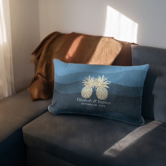 ウェディングシャワーモダンブルー金ゴールドパイナップルカップルL ランバークッション