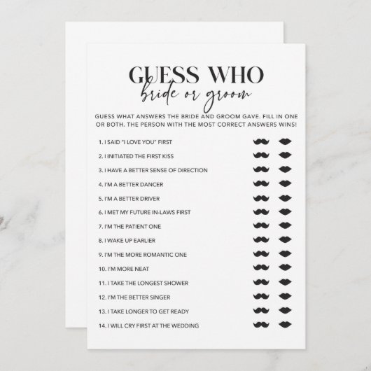 ウェディングシャワーモダン新郎新婦ゲームカード (正面/裏面)