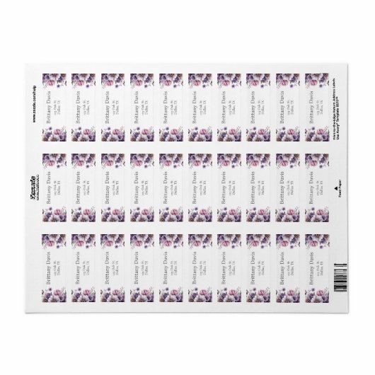 ウェディングシャワーラベンダー花柄返信住所ラベル ラベル (フルシート)