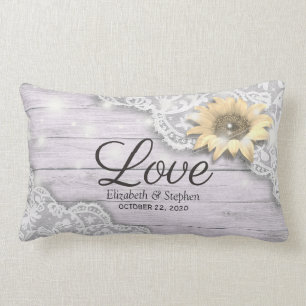 ウェディングシャワーレースサンフラワーウッド&ストリングライト ランバークッション