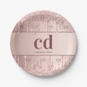 ウェディングシャワーローズゴールドグリッター モノグラムイニシャル ペーパープレート (正面)