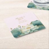 ウェディングシャワーロータスゴールドピンクをパーソナライズ スクエアペーパーコースター (アングル)