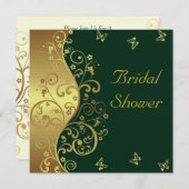 ウェディングシャワー招待状 - ゴールドの渦巻きとダークグリーン 招待状 (正面/裏面)