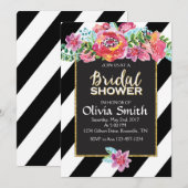 ウェディングシャワー招待状, 花柄 ブラック&ホワイト ストライプ 招待状 (正面/裏面)