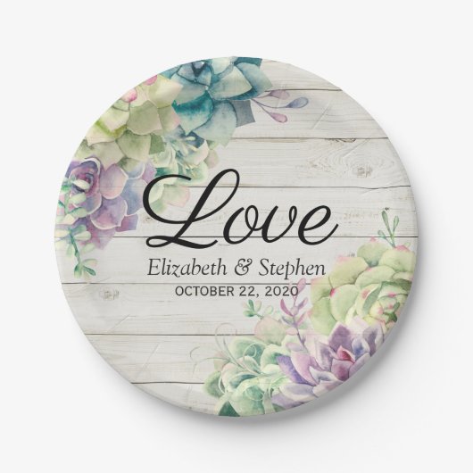 ウェディングシャワー水彩多肉木素朴材 ペーパープレート (正面)
