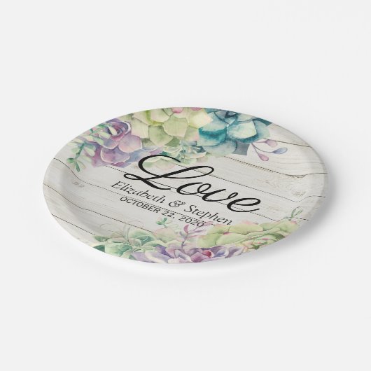 ウェディングシャワー水彩多肉木素朴材 ペーパープレート (アングル)