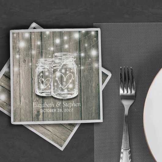 ウェディングシャワー素朴ウッドメイソンジャールストリングライト スタンダードカクテルナプキン