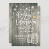 ウェディングシャワー素朴ウッドメイソンジャールストリングライト 招待状 (正面/裏面)