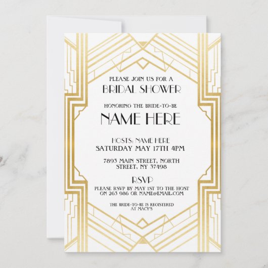 ウェディングシャワー アートデコ 1920年代 ゴールド パーティー 招待状 (正面)