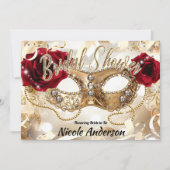 ウェディングシャワー クリーム ゴールド 赤いバラのマスカレード 招待状 (正面)