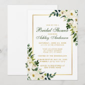 ウェディングシャワー グリーン ウォーターカラー フラワー ゴールド 招待状 (正面/裏面)