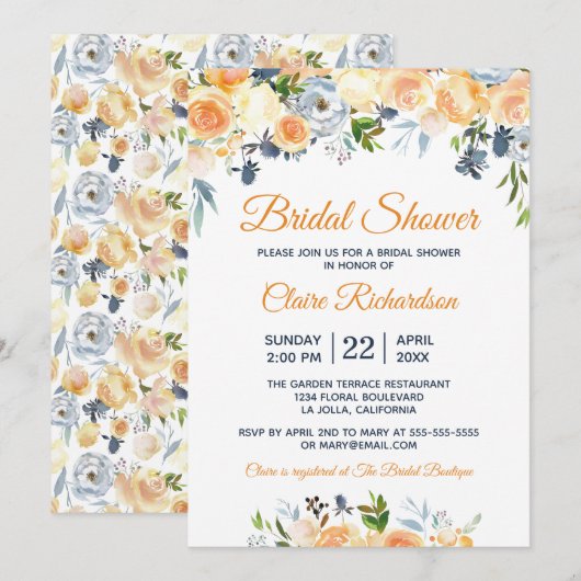 ウェディングシャワー コーラル ピーチ ネイビー 水彩 フラワー 招待状 (正面/裏面)