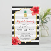 ウェディングシャワー ゴールドグリッター パイナップル 赤いハイビスカス 招待状 (スタンド正面)