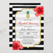 ウェディングシャワー ゴールドグリッター パイナップル 赤いハイビスカス 招待状 (正面/裏面)