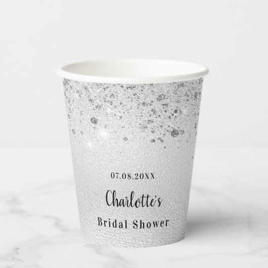ウェディングシャワー シルバーグリッター エレガント モノグラム 紙コップ (正面)
