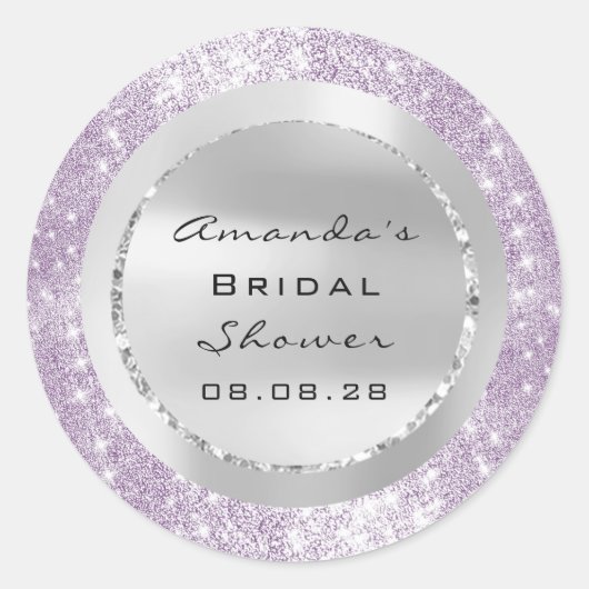 ウェディングシャワー スイート16 紫のスパークル グリッター グレー ラウンドシール (正面)