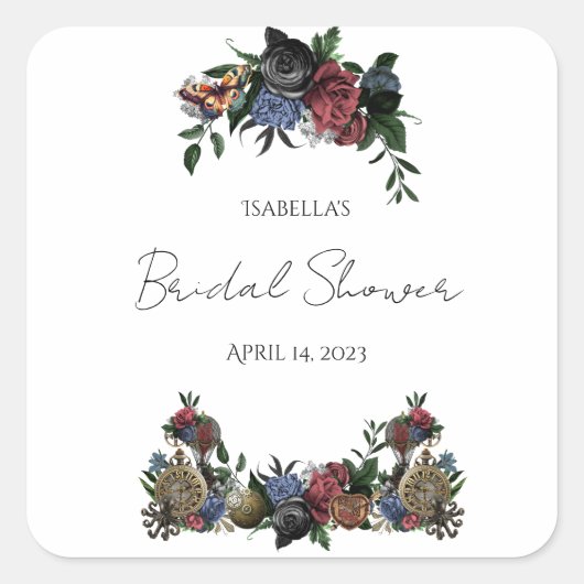 ウェディングシャワー スチームパンク フラワーワインラベル スクエアシール (正面)