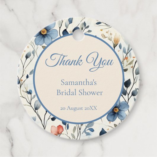 ウェディングシャワー　ダスティーブルー　フラワル　水彩 フェイバータグ (正面)