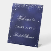 ウェディングシャワー ネイビーブルー シルバーグリッター ウェルカム 台座サイン (正面)