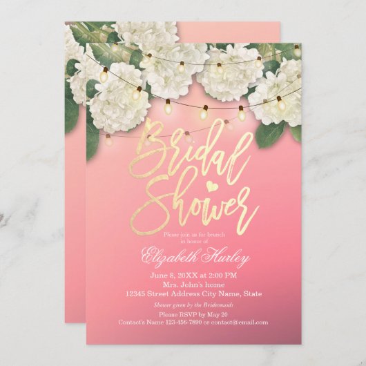 ウェディングシャワー ハイドランジアの花 ストリングライト ピンク 招待状 (正面/裏面)